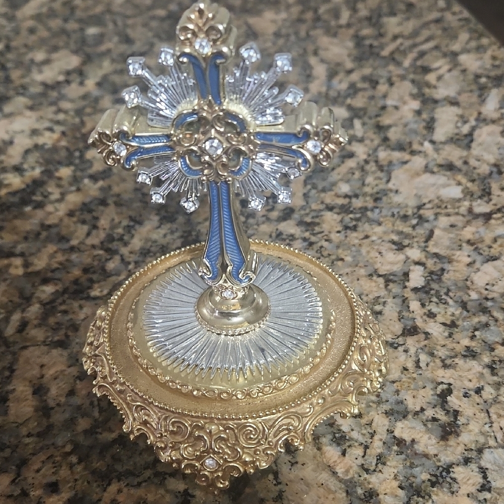 Gold and Blue Crystal Cross Decor Accent-Hand Painted Limited Edition